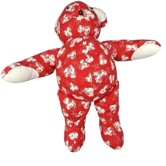 VINTAGE HANDMADE TEDDY BEAR RED WHITE HEART PRINT VALENTINE LOVEY COLLECTIBLE - Picture 5 of 10
